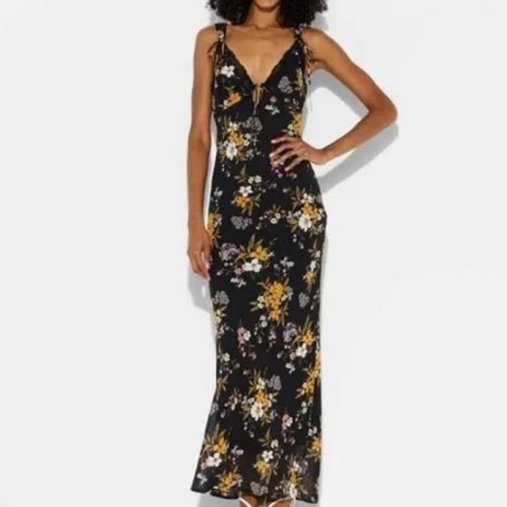 Wild Fable Floral Lace Trim Maxi Dress Black XS Tie Shoulder NWT
